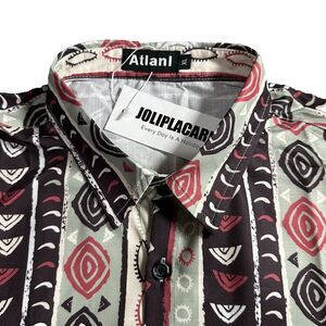 Atlanl‎ Mens Shirt XL Retro Leisure Cotton Button Geometric Short Sleeve NWT